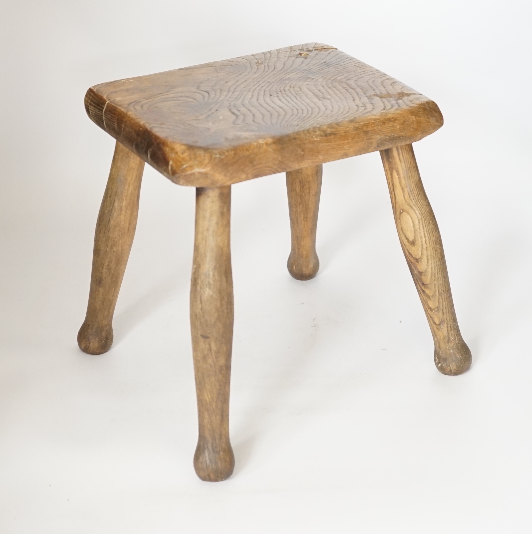 A Victorian oak rope-twist barometer, bellows, a stool and a shooting stick, largest shooting stick, 76cm high